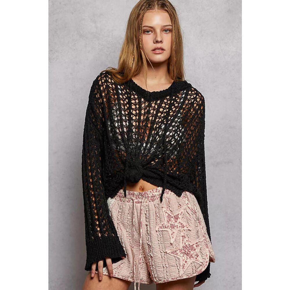 Pol Openwork Round Neck High Low Knit Top